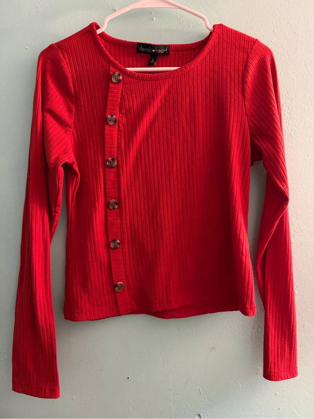 Derek Heart Red Ribbed Long-Sleeve Top with Button Placket